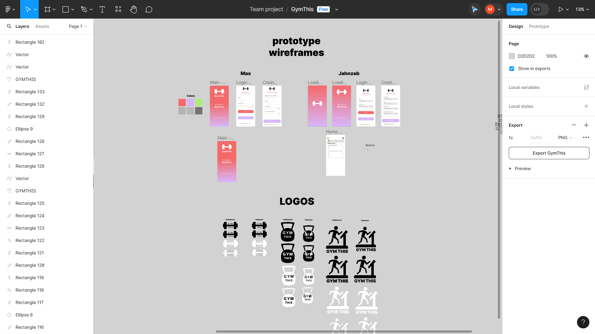 gymThis wireframes figma page